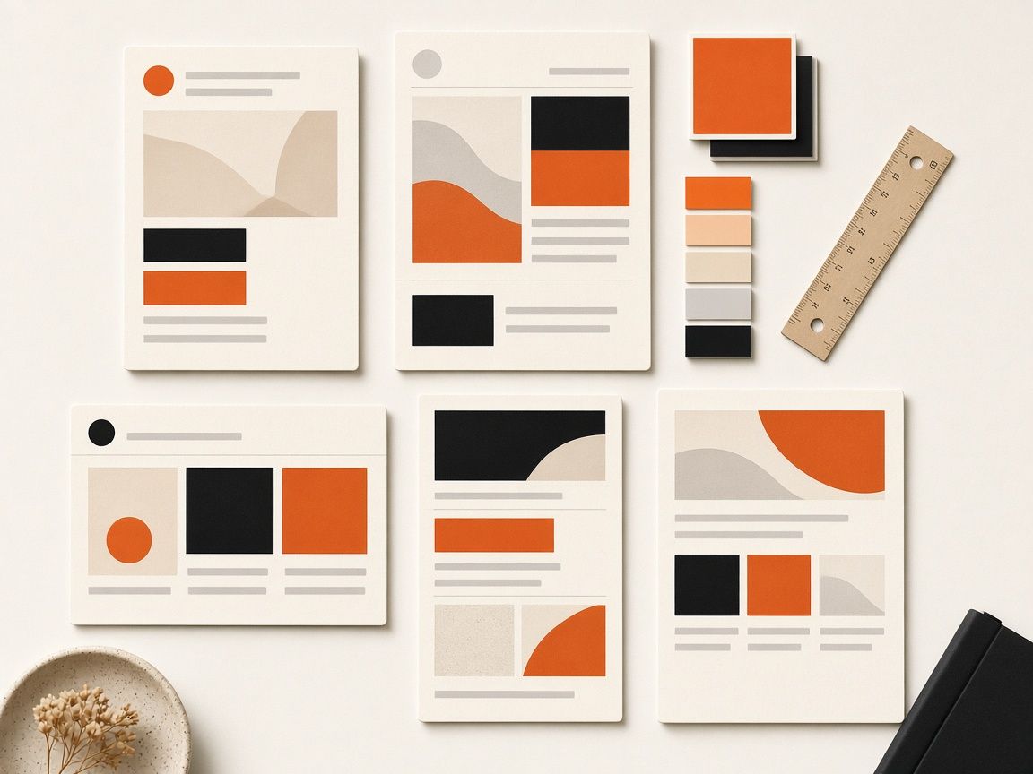Illustrative email creative system — modular layouts and orange accent swatches on a desk.